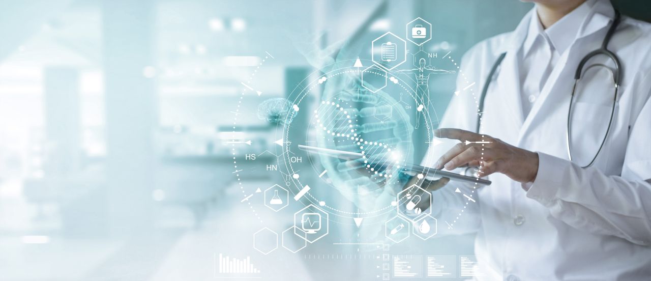 Scifi like image of doctor using a touch screen