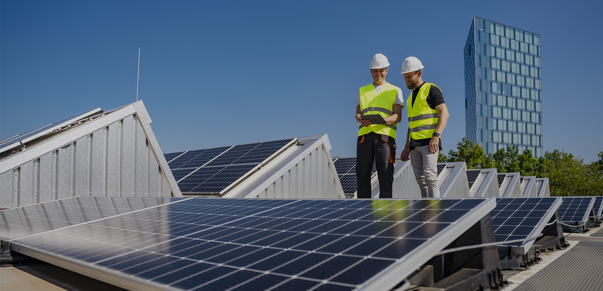 Checking solar panels on a roof.
